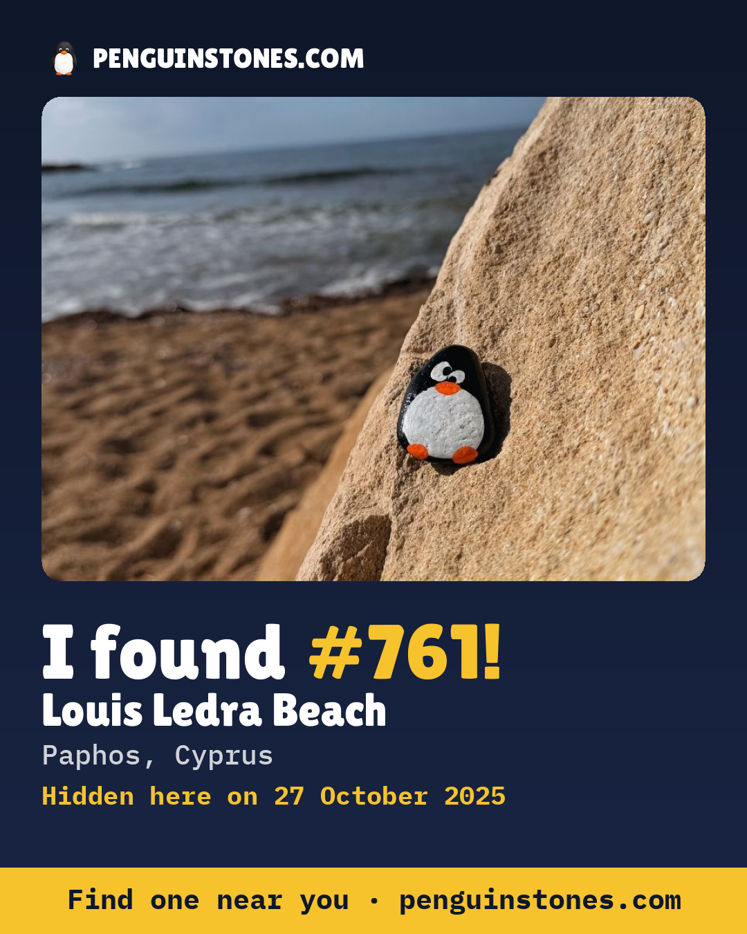 Obrázok s nápisom „I found #761“: fotka kameňa, kde je a ako ďaleko docestoval