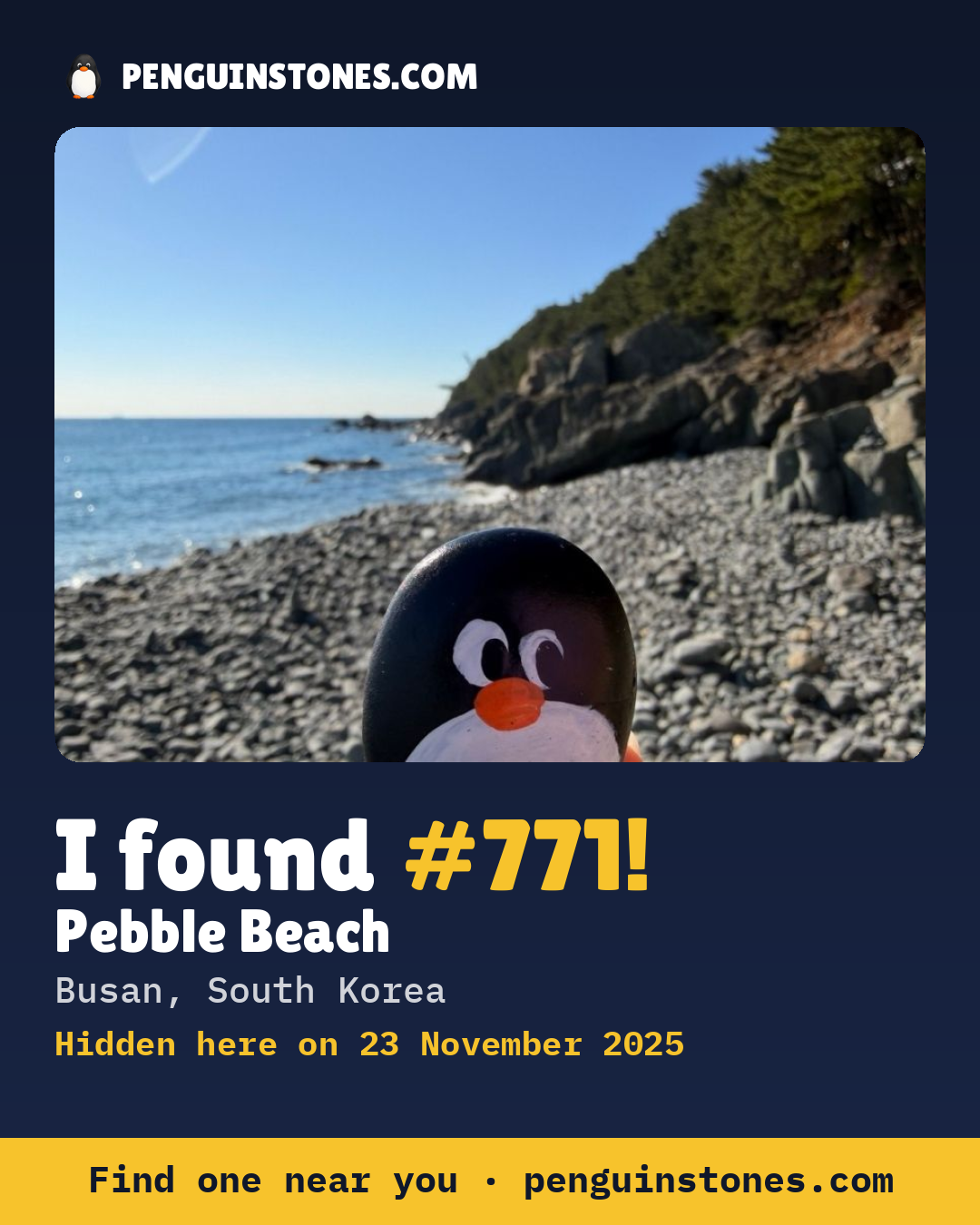 Obrázok s nápisom „I found #771“: fotka kameňa, kde je a ako ďaleko docestoval