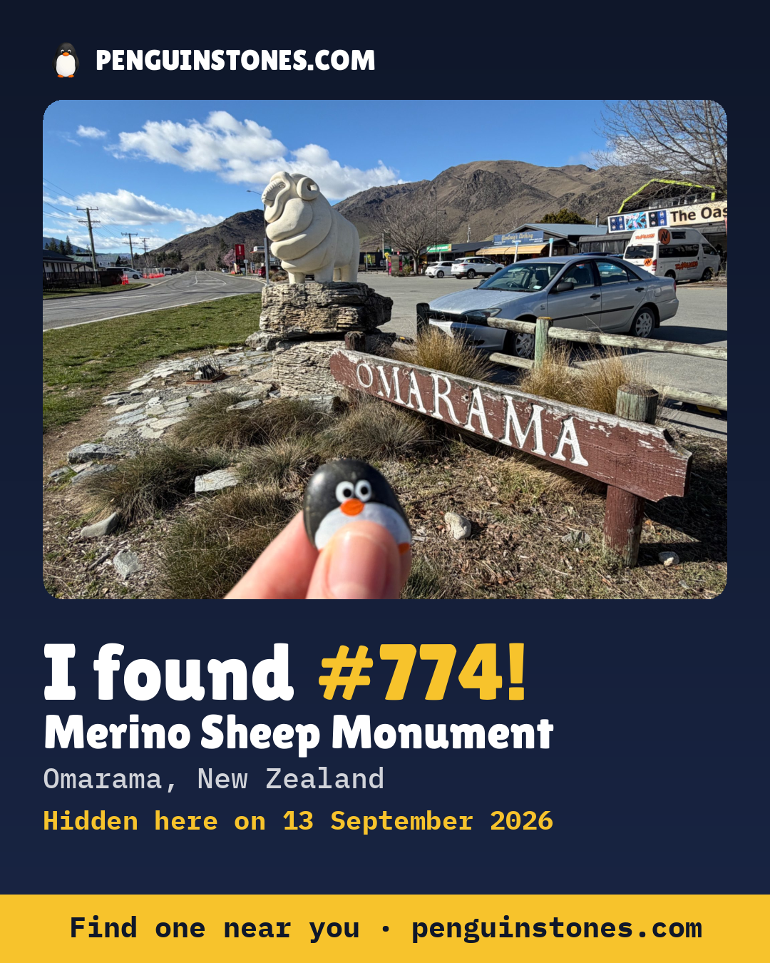 Obrázok s nápisom „I found #774“: fotka kameňa, kde je a ako ďaleko docestoval