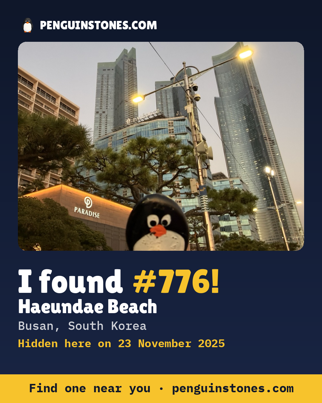 Obrázok s nápisom „I found #776“: fotka kameňa, kde je a ako ďaleko docestoval