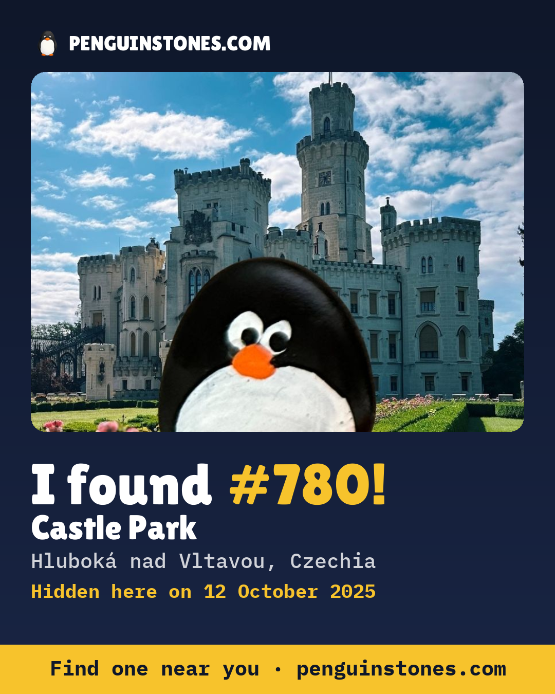 Obrázok s nápisom „I found #780“: fotka kameňa, kde je a ako ďaleko docestoval