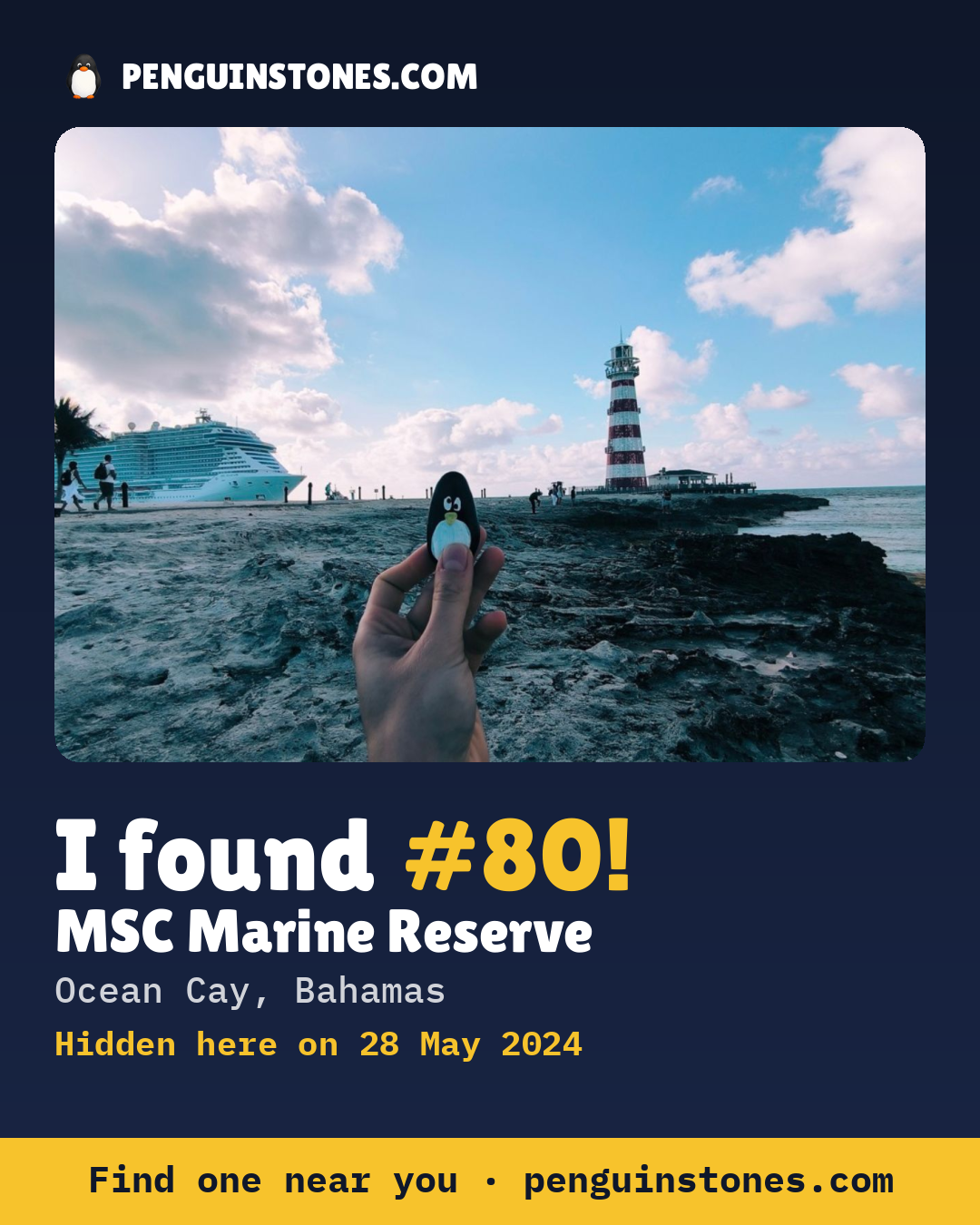 Obrázok s nápisom „I found #80“: fotka kameňa, kde je a ako ďaleko docestoval