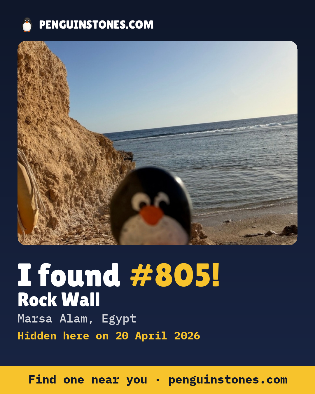 Obrázok s nápisom „I found #805“: fotka kameňa, kde je a ako ďaleko docestoval