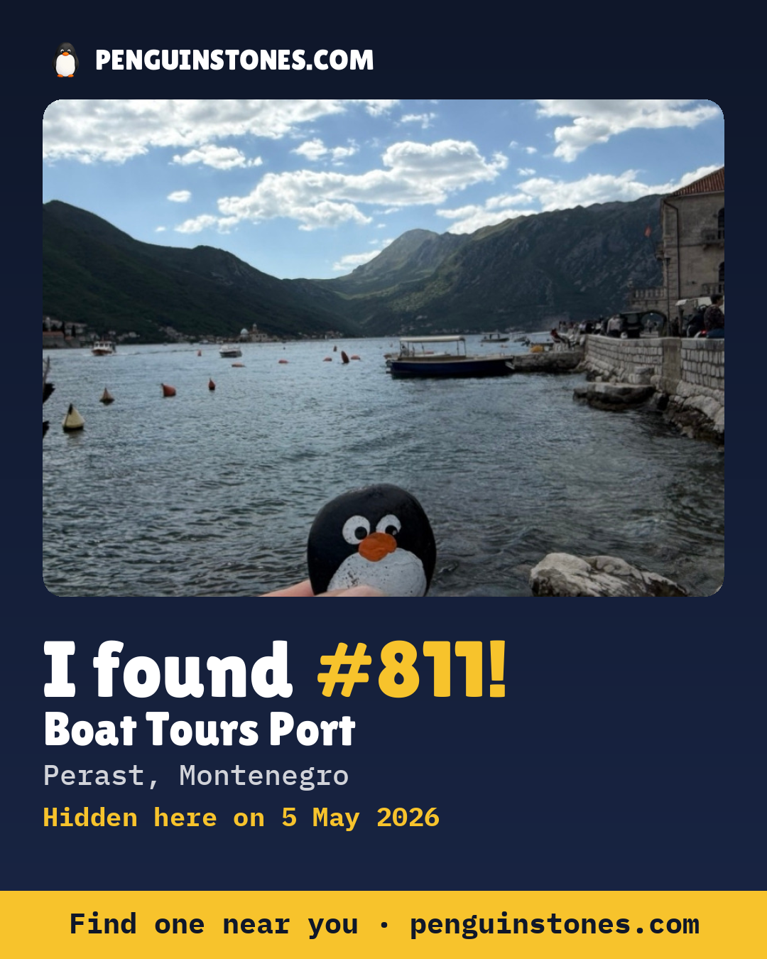 Obrázok s nápisom „I found #811“: fotka kameňa, kde je a ako ďaleko docestoval