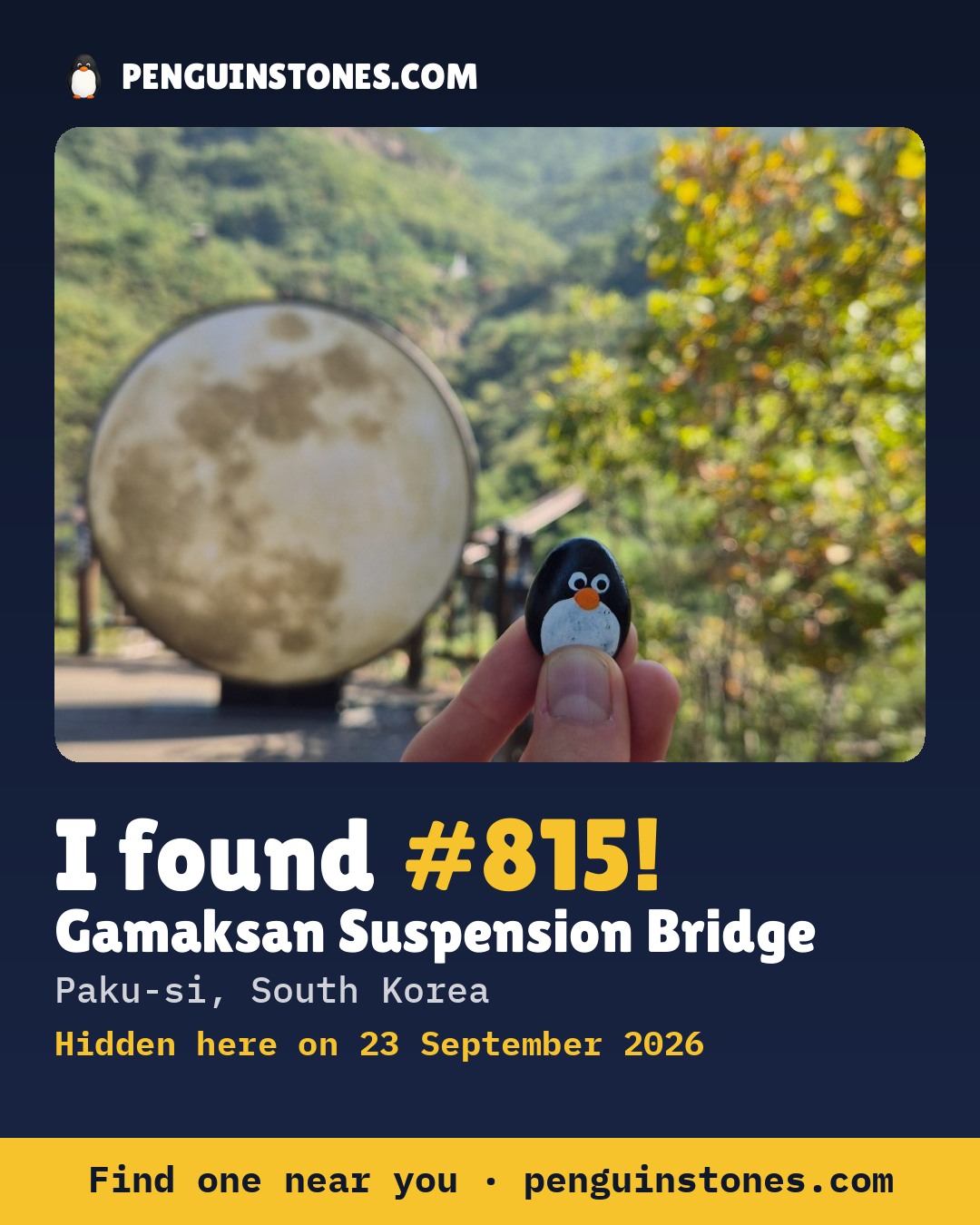 An “I found #815” picture: the stone’s photo, where it is and how far it has travelled