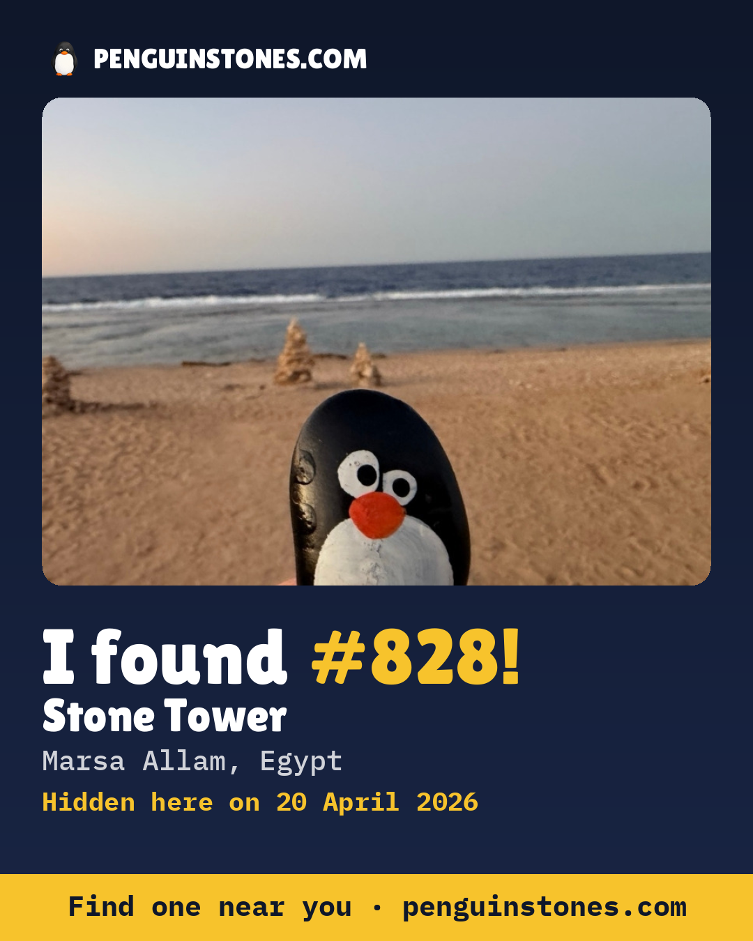 Obrázok s nápisom „I found #828“: fotka kameňa, kde je a ako ďaleko docestoval