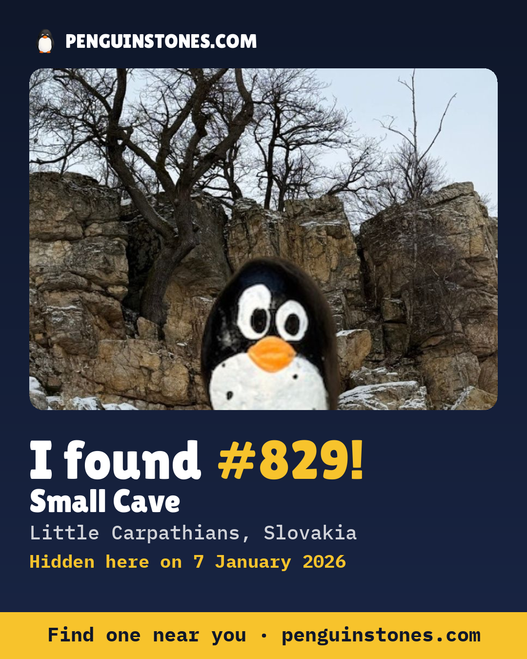 Obrázok s nápisom „I found #829“: fotka kameňa, kde je a ako ďaleko docestoval