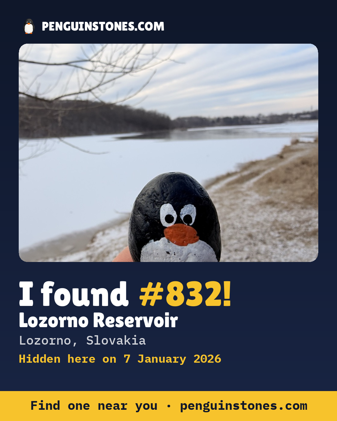 Obrázok s nápisom „I found #832“: fotka kameňa, kde je a ako ďaleko docestoval