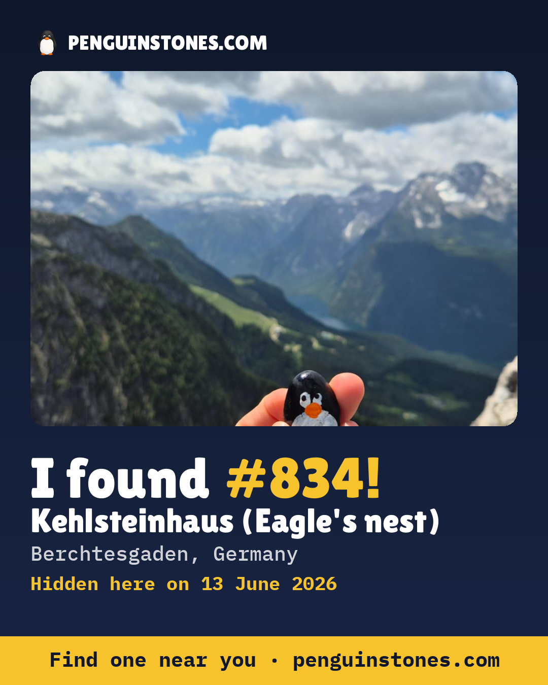 Obrázok s nápisom „I found #834“: fotka kameňa, kde je a ako ďaleko docestoval