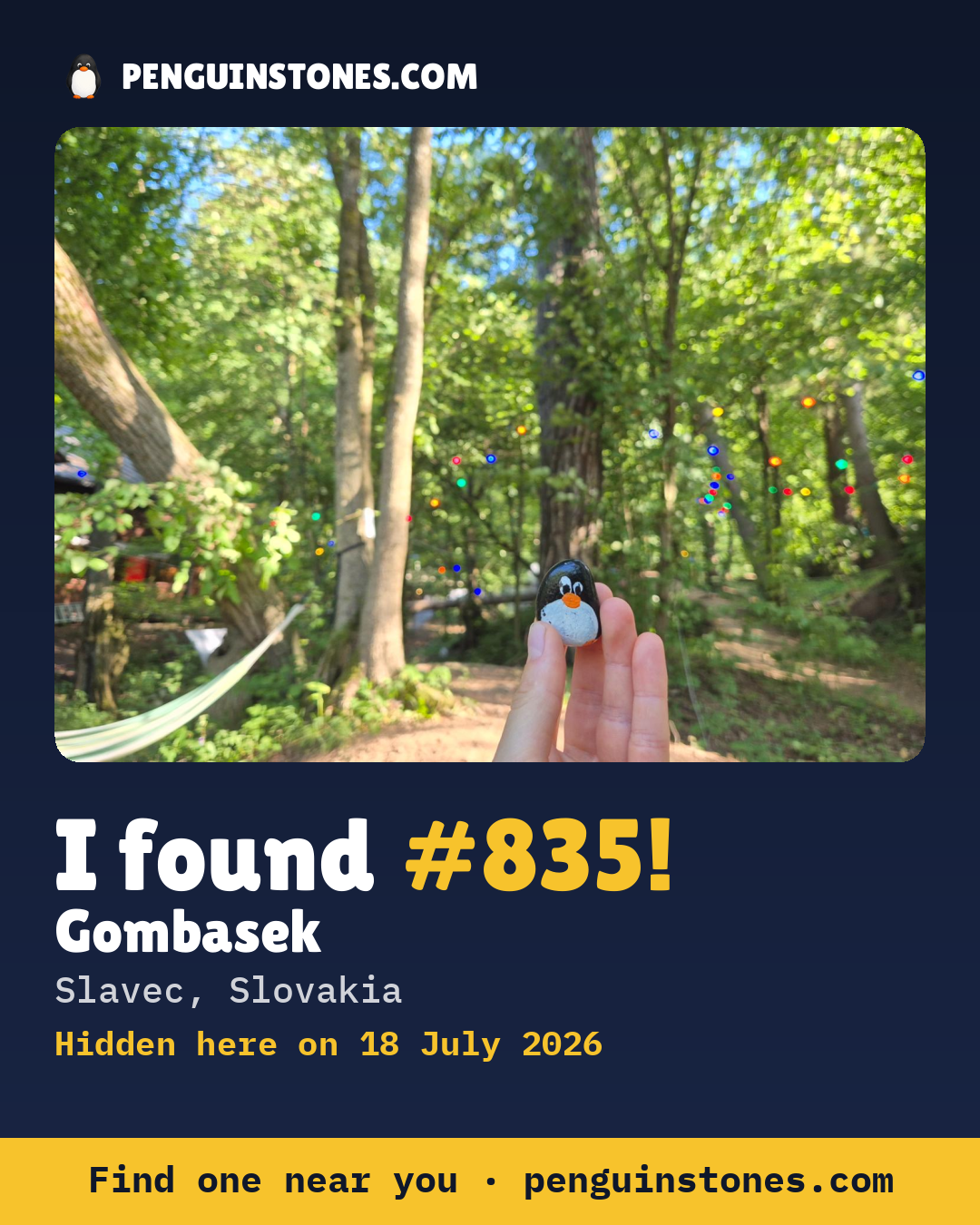 Obrázok s nápisom „I found #835“: fotka kameňa, kde je a ako ďaleko docestoval