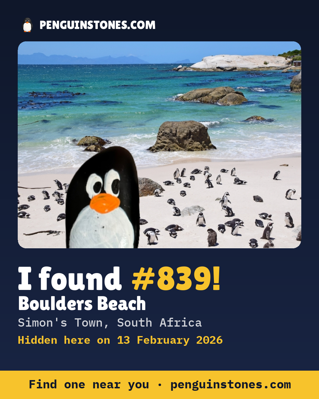 Obrázok s nápisom „I found #839“: fotka kameňa, kde je a ako ďaleko docestoval