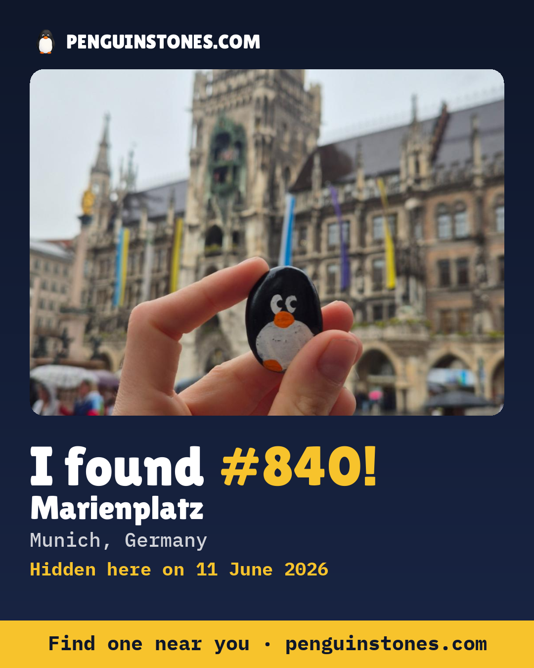 Obrázok s nápisom „I found #840“: fotka kameňa, kde je a ako ďaleko docestoval