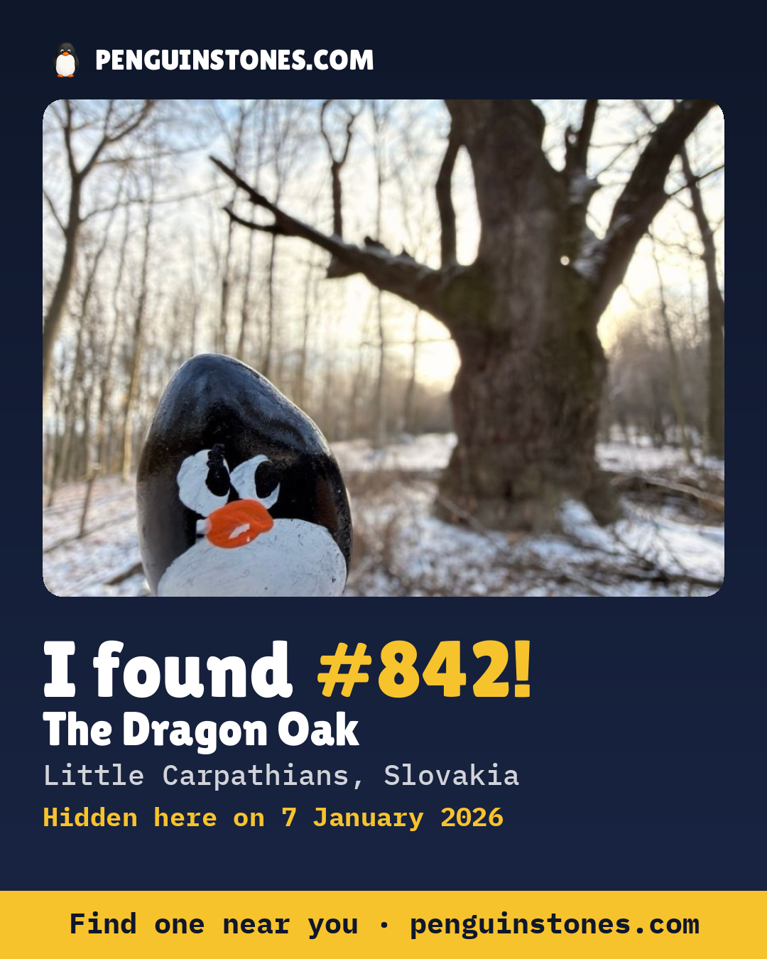 Obrázok s nápisom „I found #842“: fotka kameňa, kde je a ako ďaleko docestoval