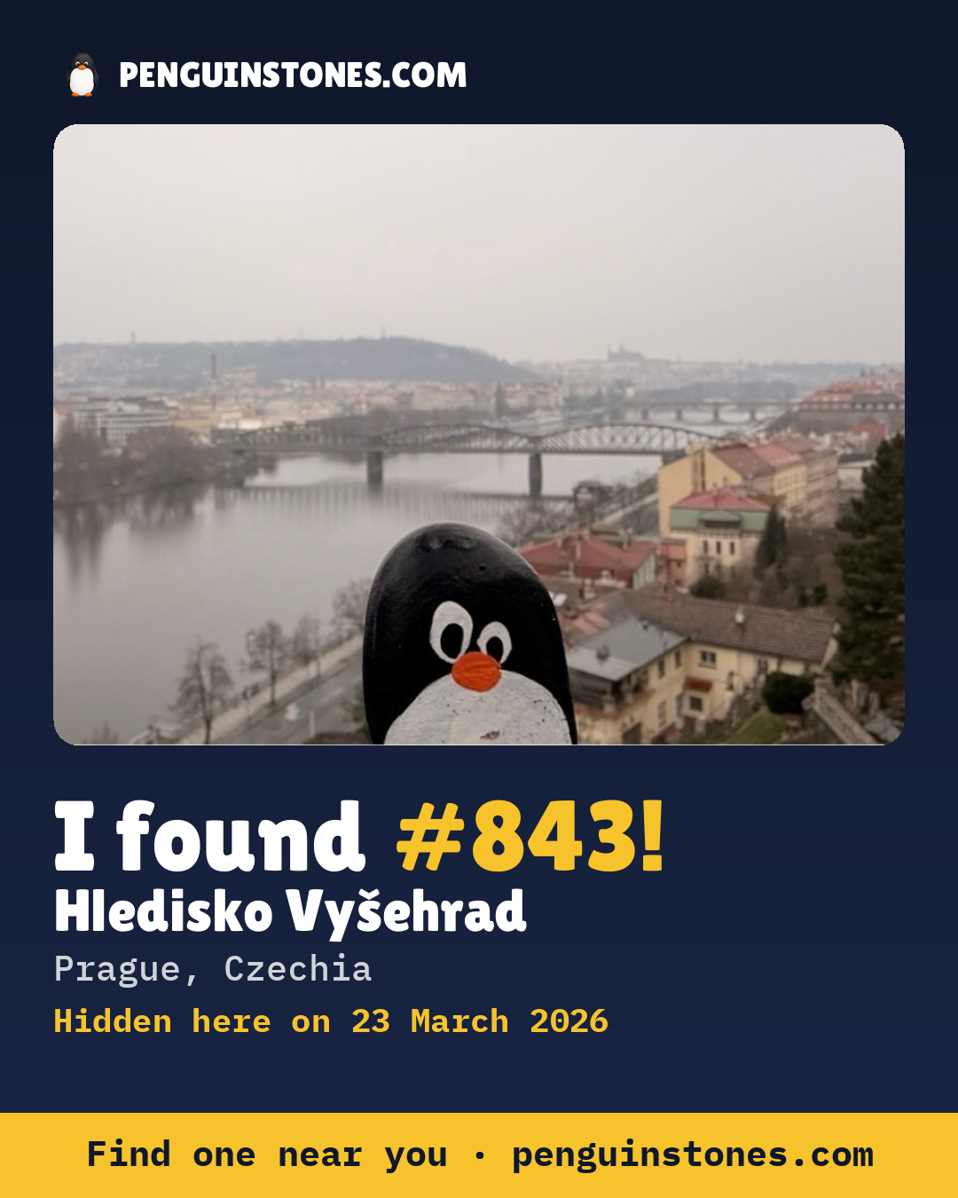 Obrázok s nápisom „I found #843“: fotka kameňa, kde je a ako ďaleko docestoval