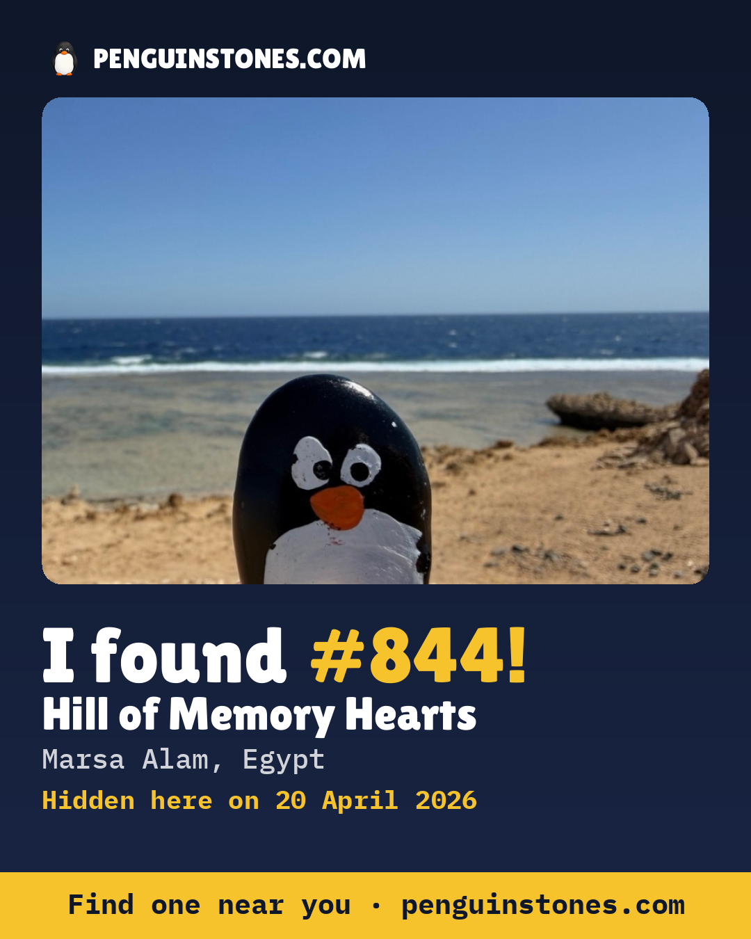 Obrázok s nápisom „I found #844“: fotka kameňa, kde je a ako ďaleko docestoval