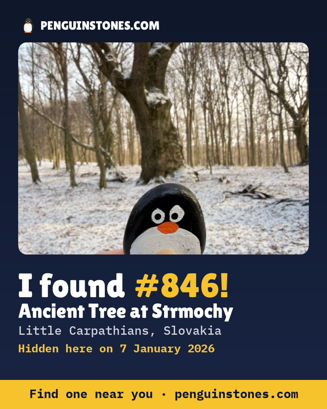 Obrázok s nápisom „I found #846“: fotka kameňa, kde je a ako ďaleko docestoval