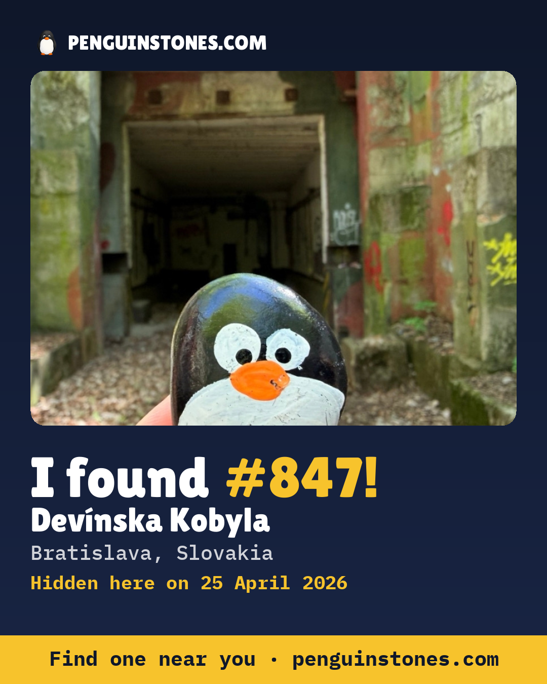 Obrázok s nápisom „I found #847“: fotka kameňa, kde je a ako ďaleko docestoval