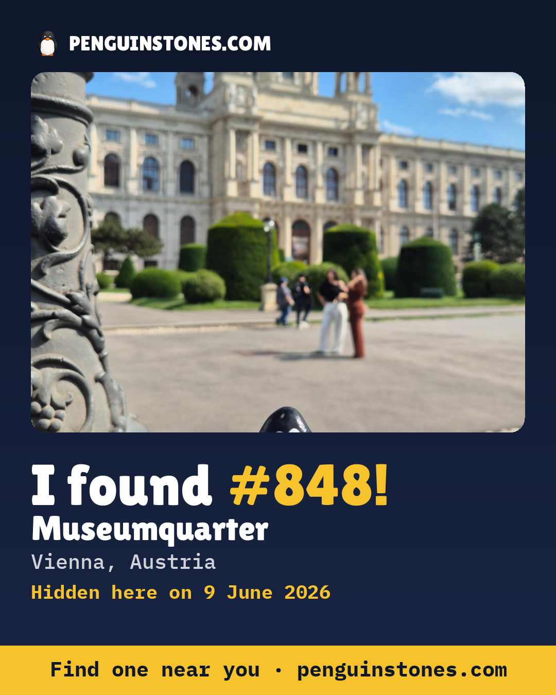 Obrázok s nápisom „I found #848“: fotka kameňa, kde je a ako ďaleko docestoval