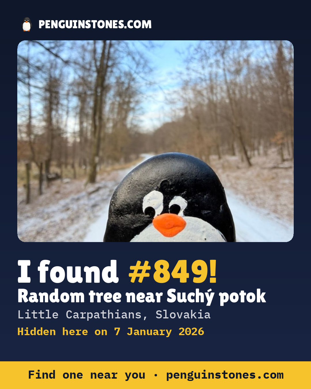 Obrázok s nápisom „I found #849“: fotka kameňa, kde je a ako ďaleko docestoval