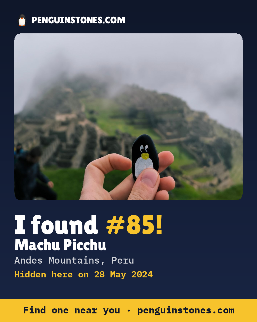 Obrázok s nápisom „I found #85“: fotka kameňa, kde je a ako ďaleko docestoval