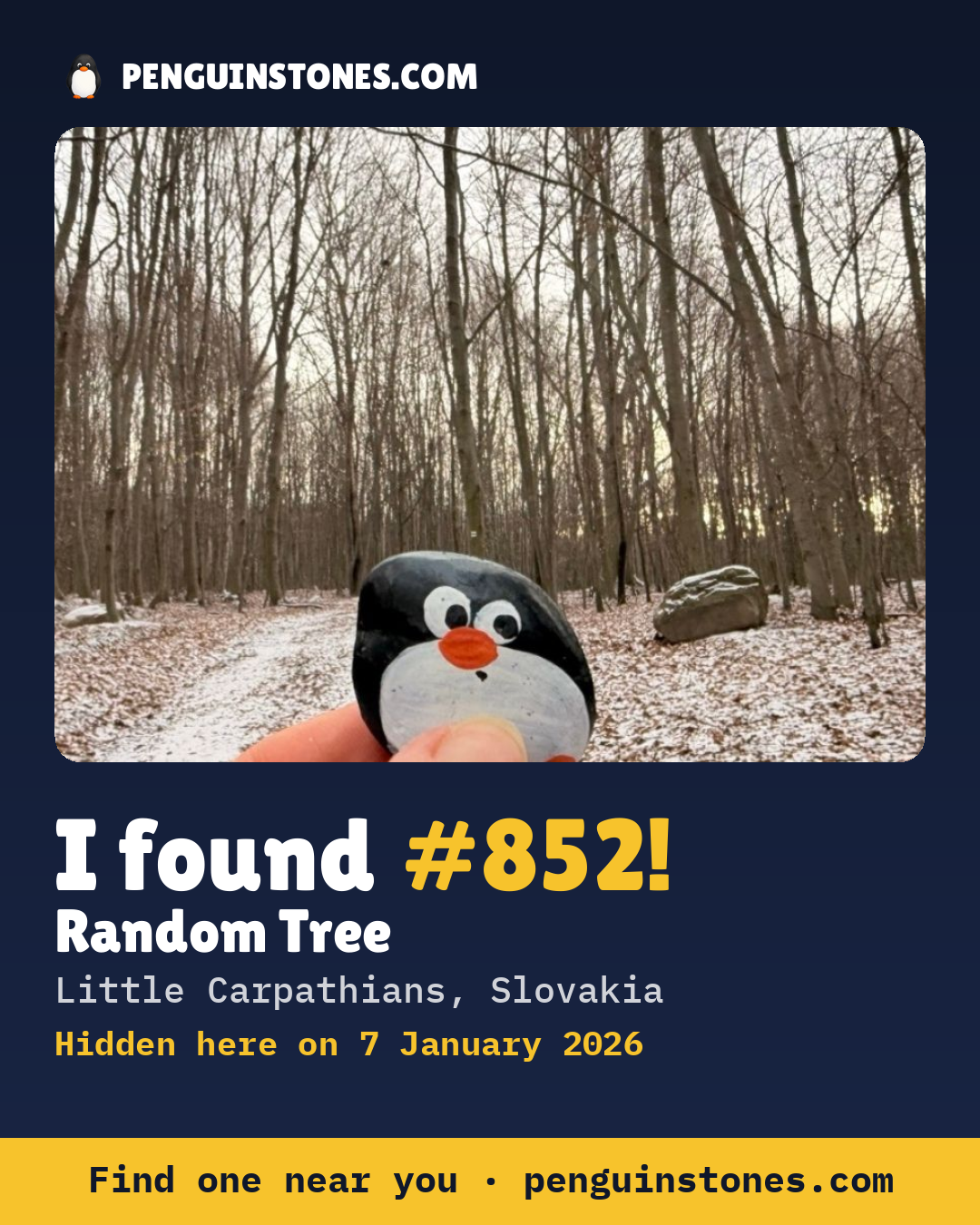 Obrázok s nápisom „I found #852“: fotka kameňa, kde je a ako ďaleko docestoval