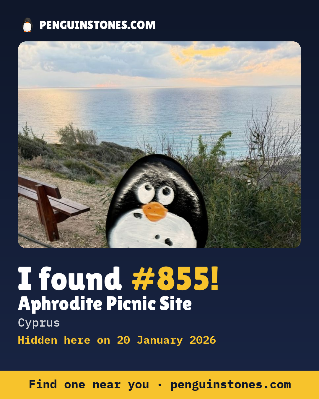 Obrázok s nápisom „I found #855“: fotka kameňa, kde je a ako ďaleko docestoval