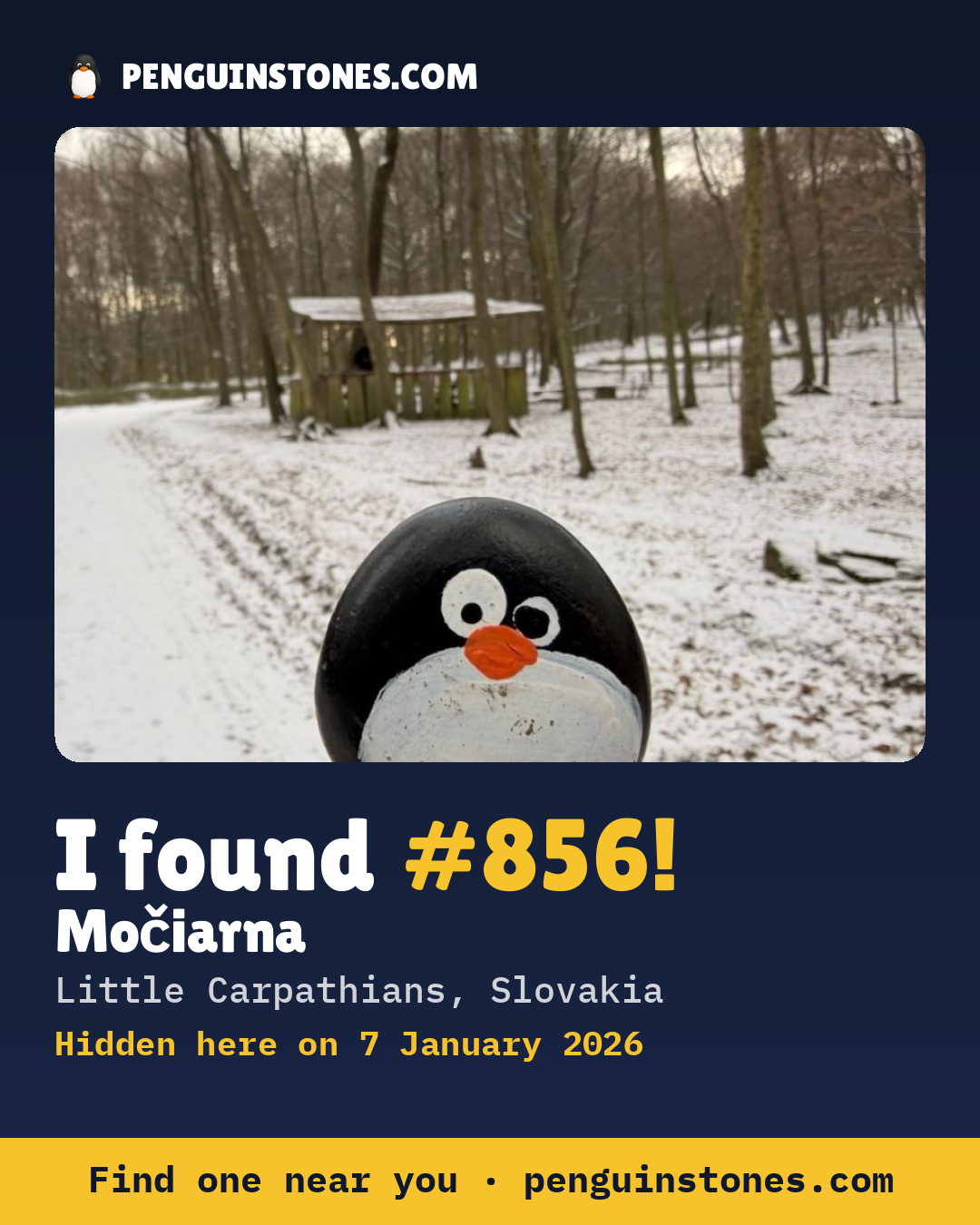 Obrázok s nápisom „I found #856“: fotka kameňa, kde je a ako ďaleko docestoval