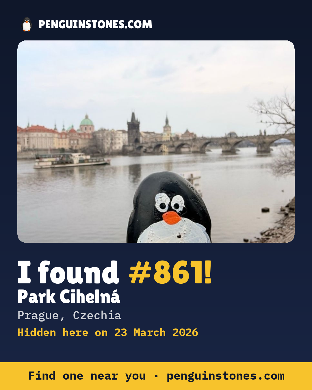 Obrázok s nápisom „I found #861“: fotka kameňa, kde je a ako ďaleko docestoval