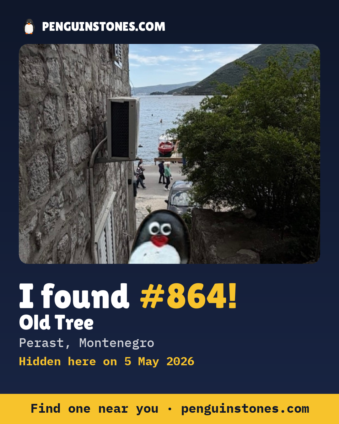 Obrázok s nápisom „I found #864“: fotka kameňa, kde je a ako ďaleko docestoval