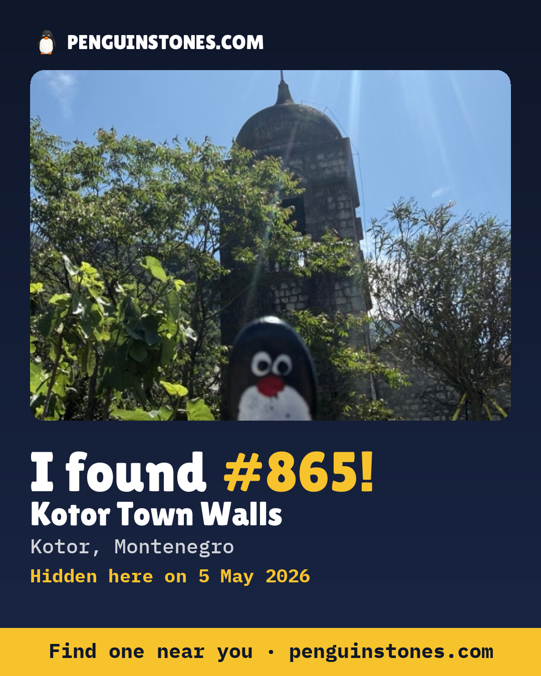 Obrázok s nápisom „I found #865“: fotka kameňa, kde je a ako ďaleko docestoval