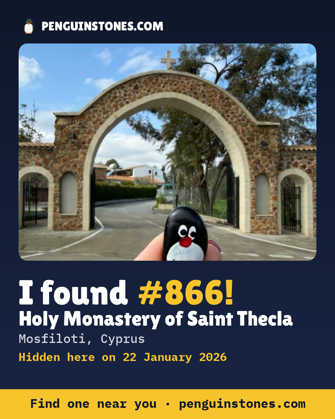Obrázok s nápisom „I found #866“: fotka kameňa, kde je a ako ďaleko docestoval
