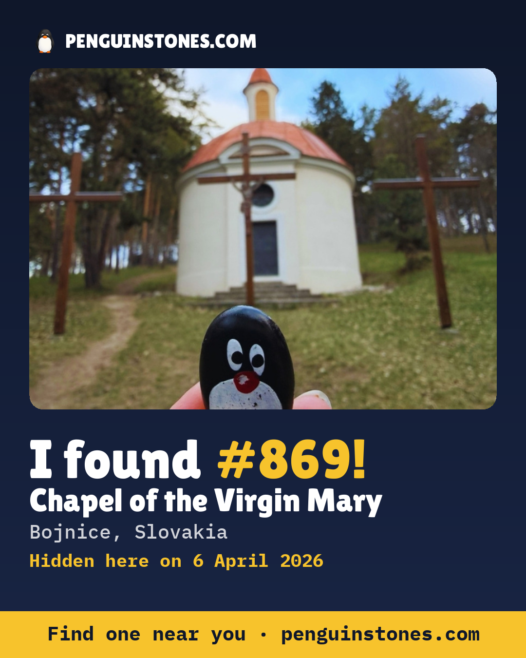Obrázok s nápisom „I found #869“: fotka kameňa, kde je a ako ďaleko docestoval