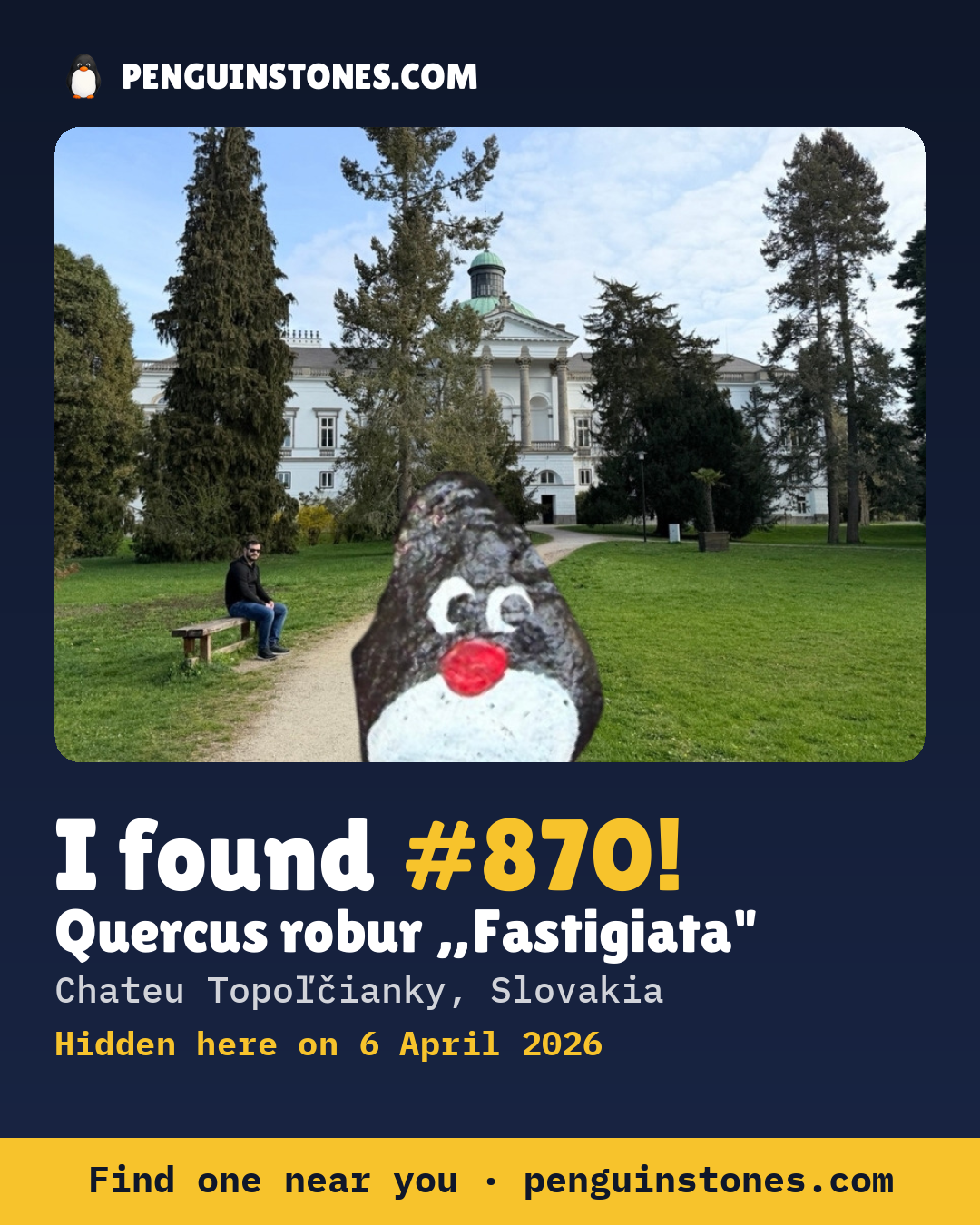 Obrázok s nápisom „I found #870“: fotka kameňa, kde je a ako ďaleko docestoval