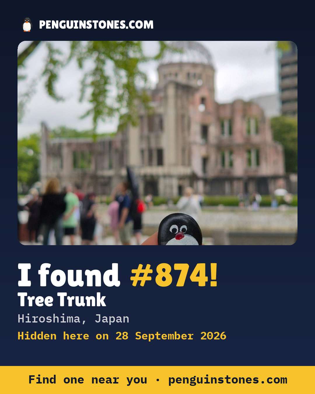 An “I found #874” picture: the stone’s photo, where it is and how far it has travelled