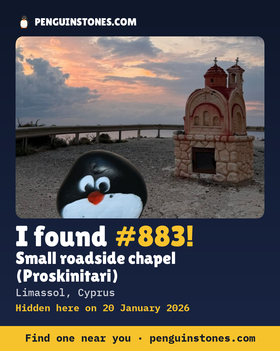 Obrázok s nápisom „I found #883“: fotka kameňa, kde je a ako ďaleko docestoval