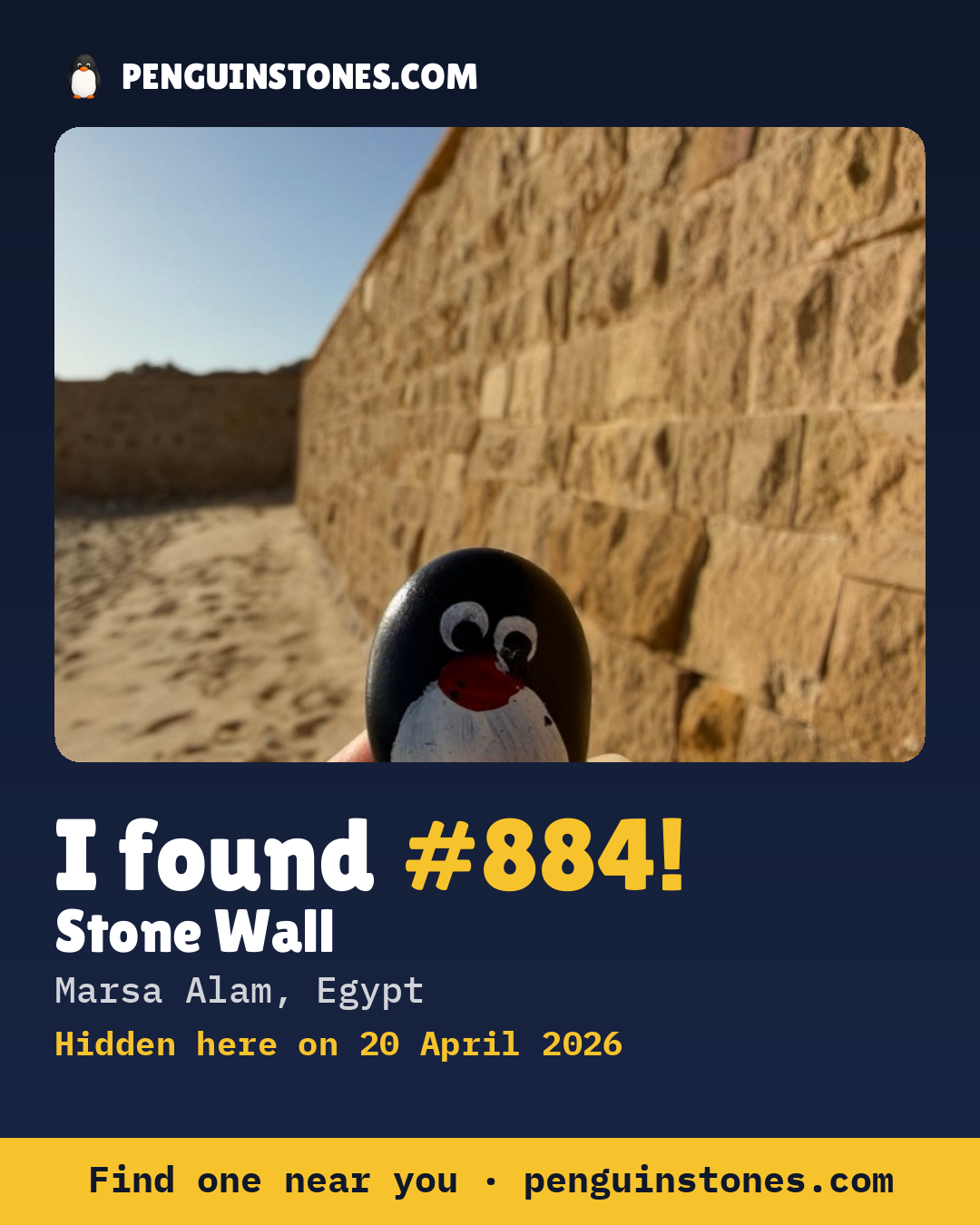 Obrázok s nápisom „I found #884“: fotka kameňa, kde je a ako ďaleko docestoval