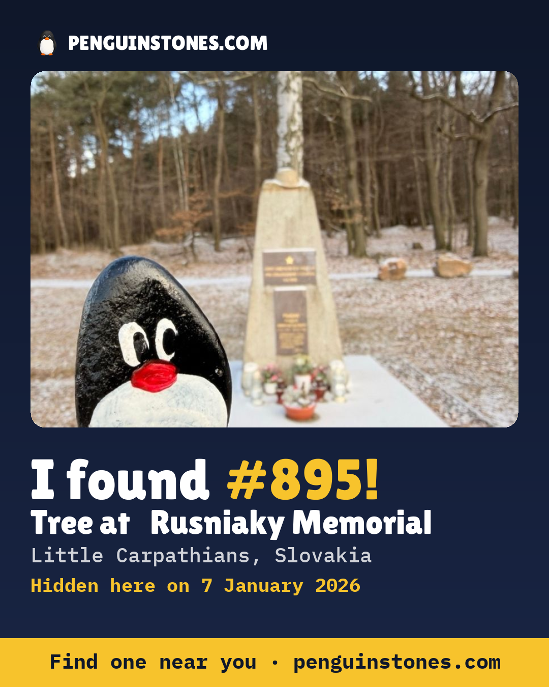 Obrázok s nápisom „I found #895“: fotka kameňa, kde je a ako ďaleko docestoval