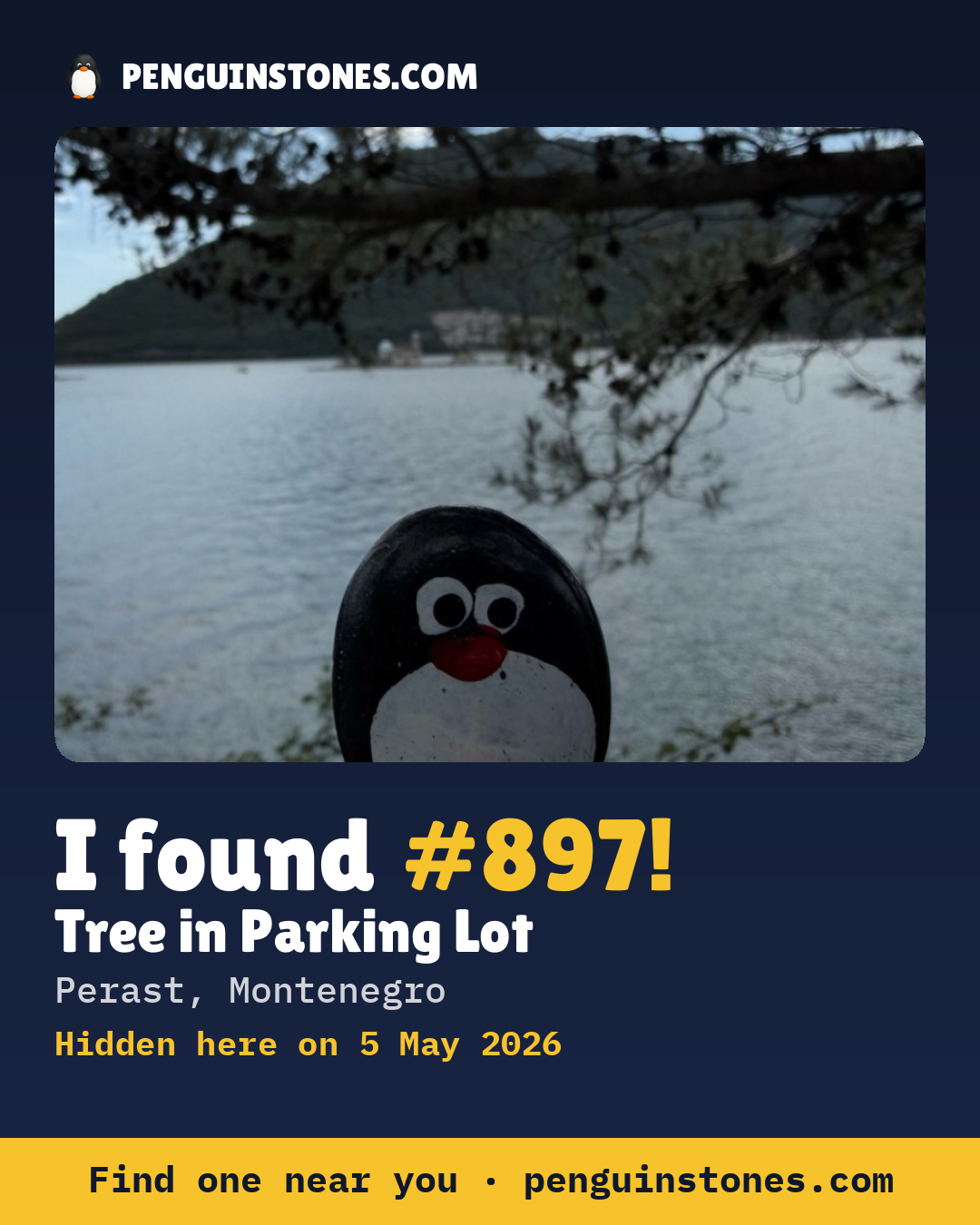 Obrázok s nápisom „I found #897“: fotka kameňa, kde je a ako ďaleko docestoval