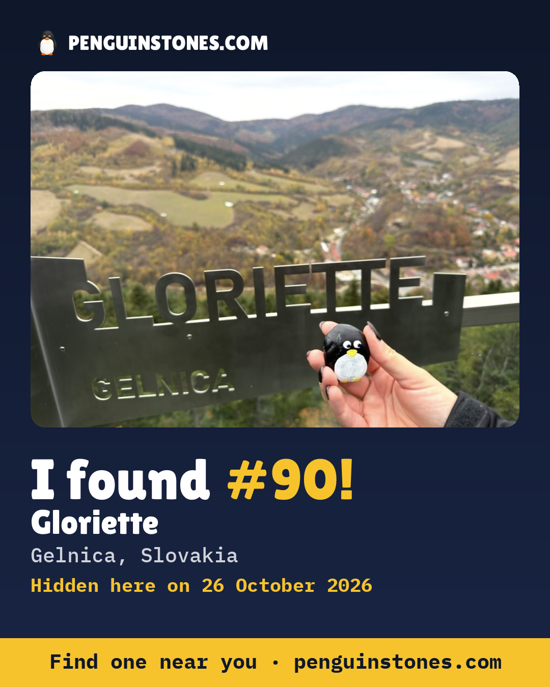 An “I found #90” picture: the stone’s photo, where it is and how far it has traveled