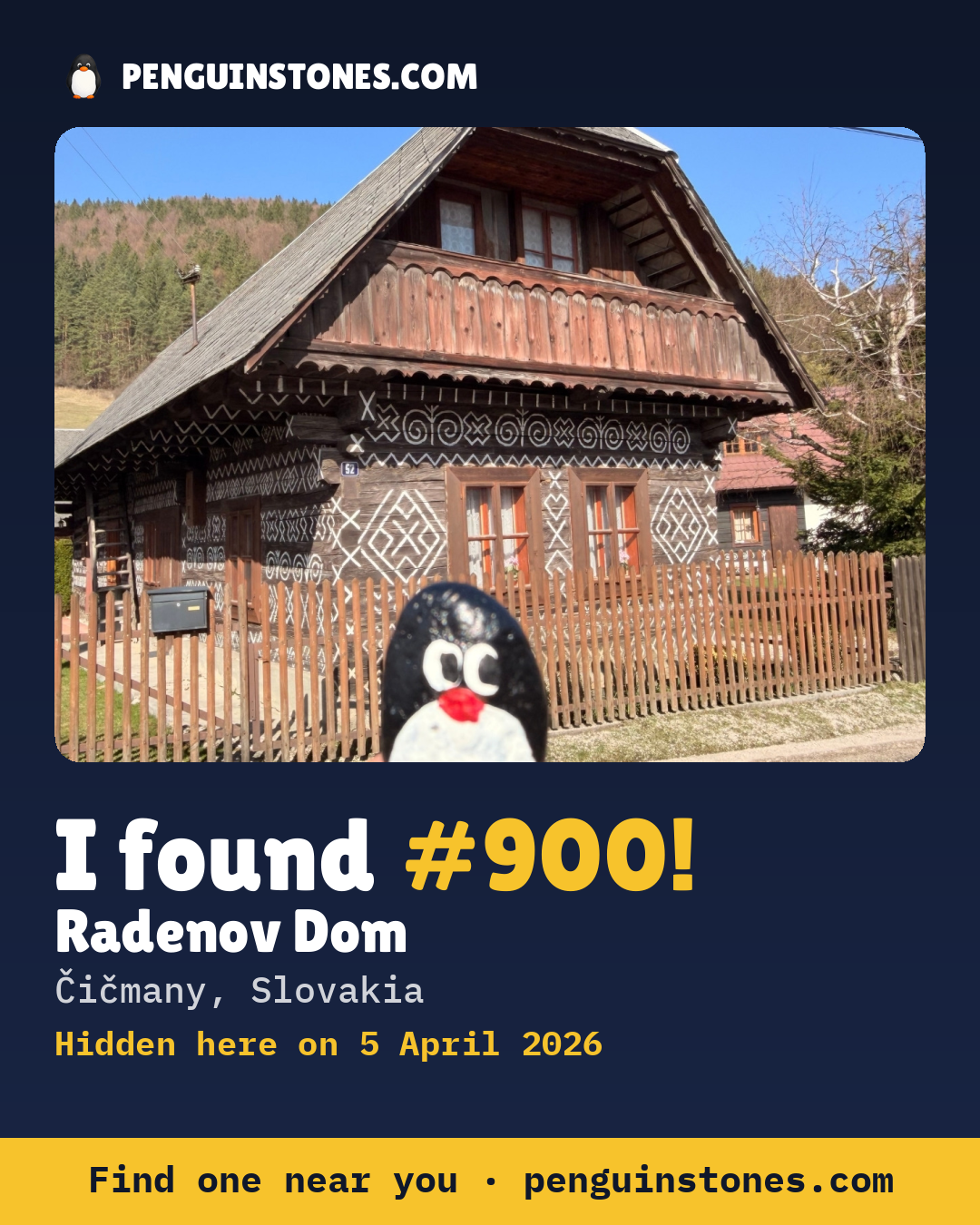 Obrázok s nápisom „I found #900“: fotka kameňa, kde je a ako ďaleko docestoval
