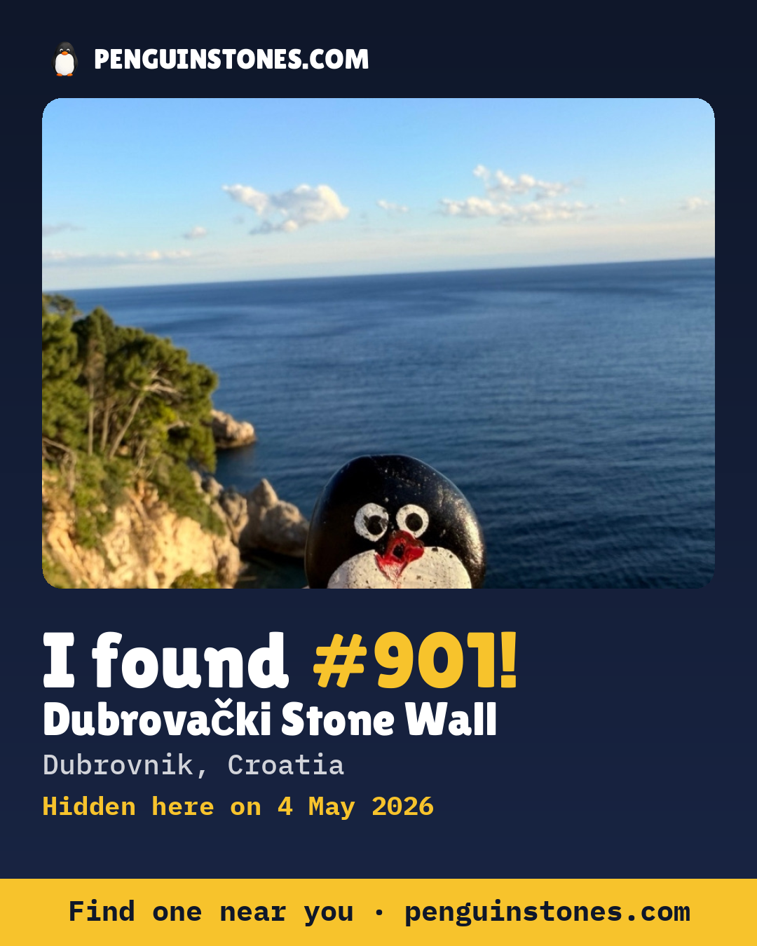 Obrázok s nápisom „I found #901“: fotka kameňa, kde je a ako ďaleko docestoval