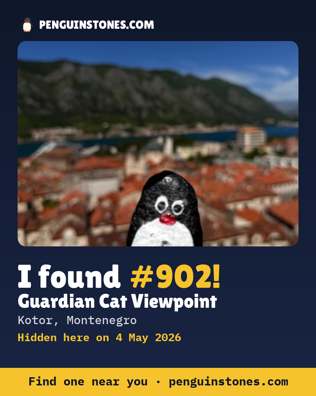 Obrázok s nápisom „I found #902“: fotka kameňa, kde je a ako ďaleko docestoval