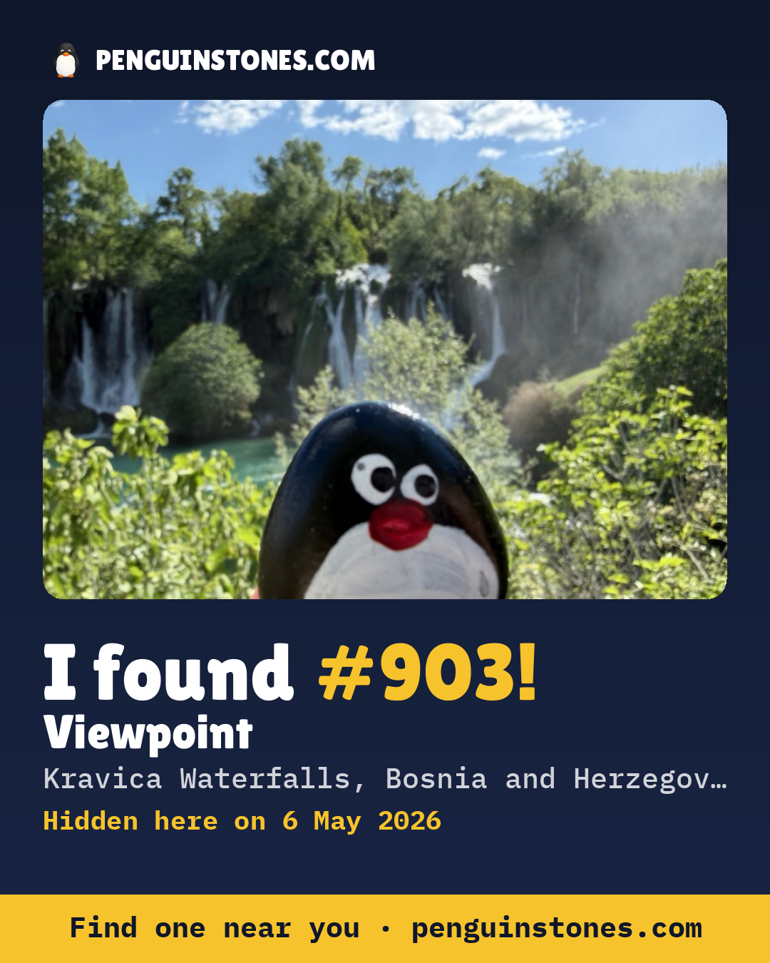 Obrázok s nápisom „I found #903“: fotka kameňa, kde je a ako ďaleko docestoval
