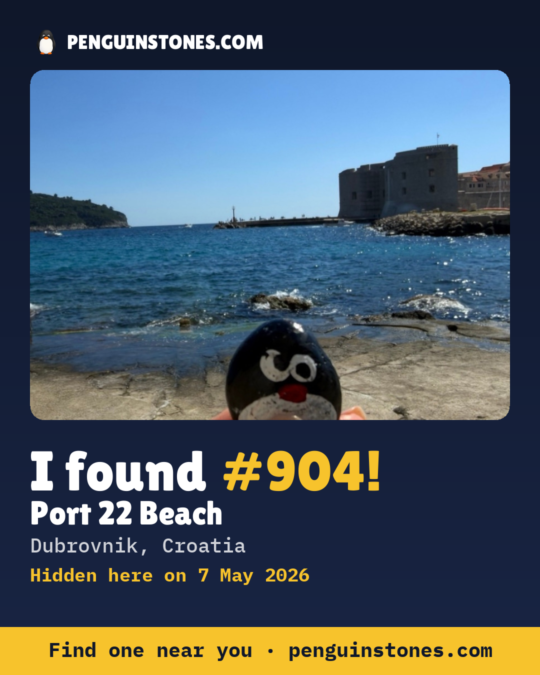 Obrázok s nápisom „I found #904“: fotka kameňa, kde je a ako ďaleko docestoval