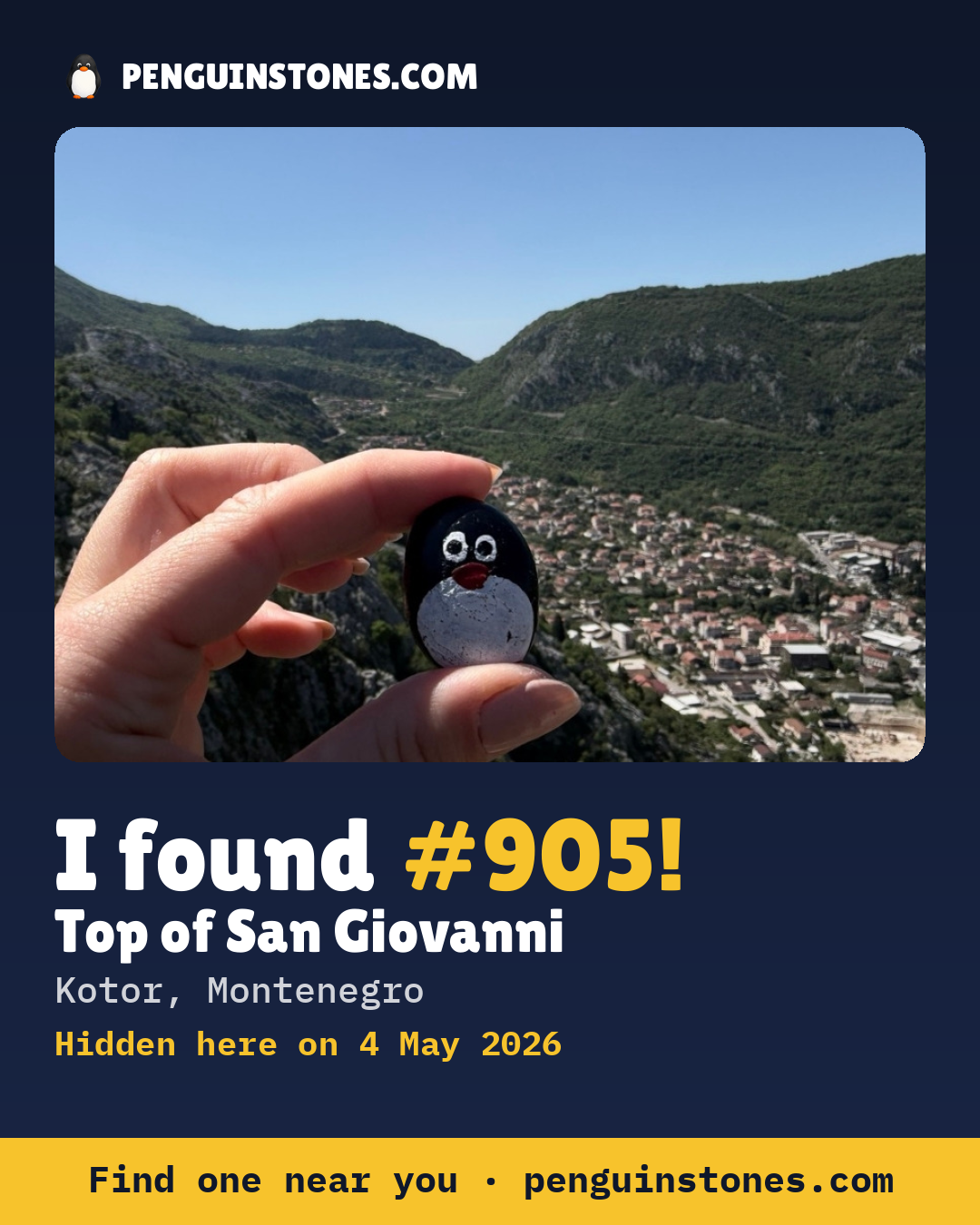 Obrázok s nápisom „I found #905“: fotka kameňa, kde je a ako ďaleko docestoval