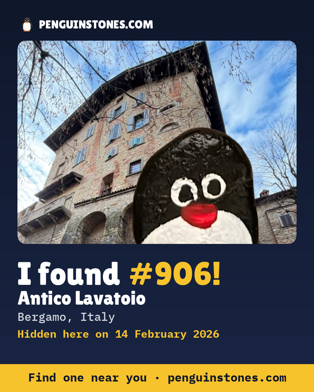Obrázok s nápisom „I found #906“: fotka kameňa, kde je a ako ďaleko docestoval