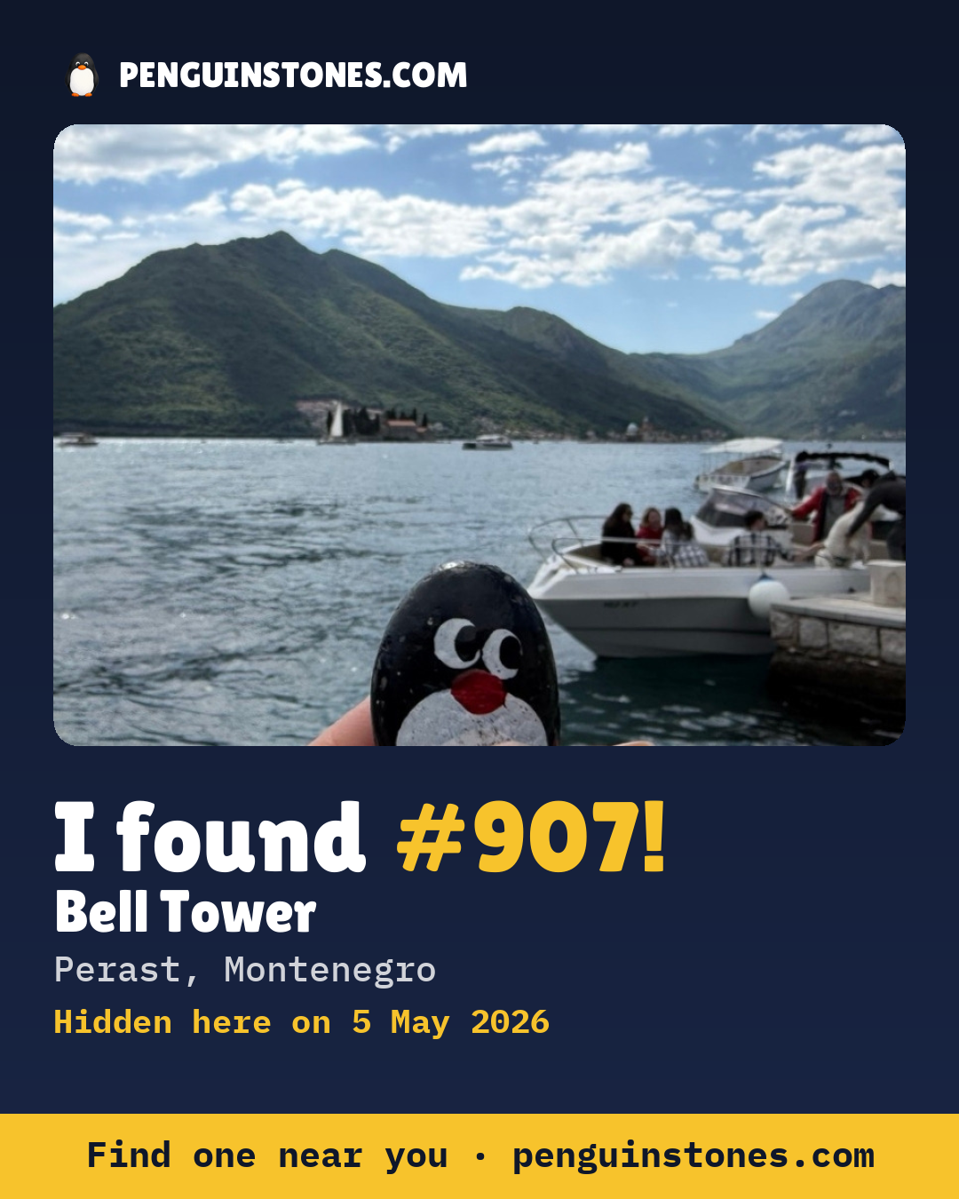 Obrázok s nápisom „I found #907“: fotka kameňa, kde je a ako ďaleko docestoval