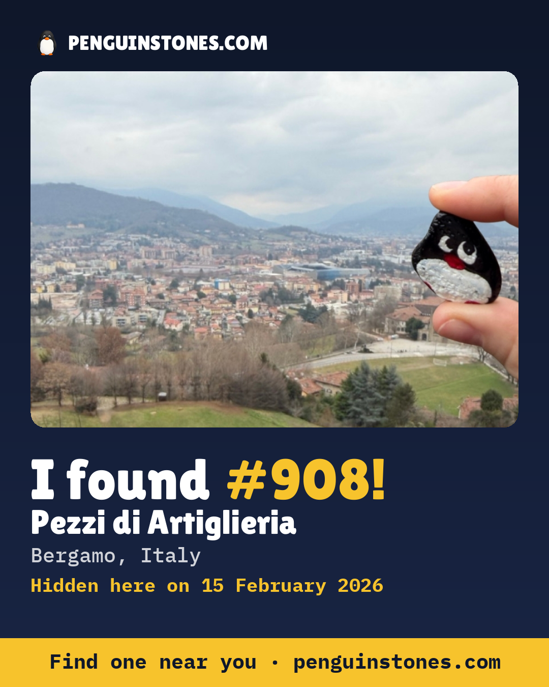 Obrázok s nápisom „I found #908“: fotka kameňa, kde je a ako ďaleko docestoval