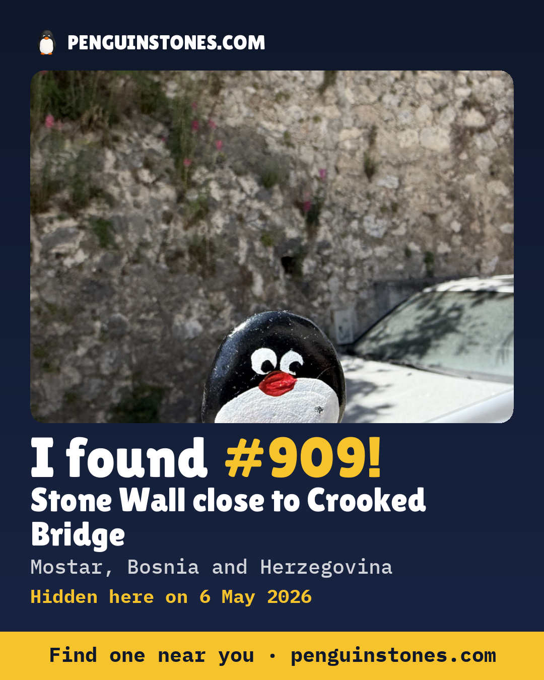 Obrázok s nápisom „I found #909“: fotka kameňa, kde je a ako ďaleko docestoval