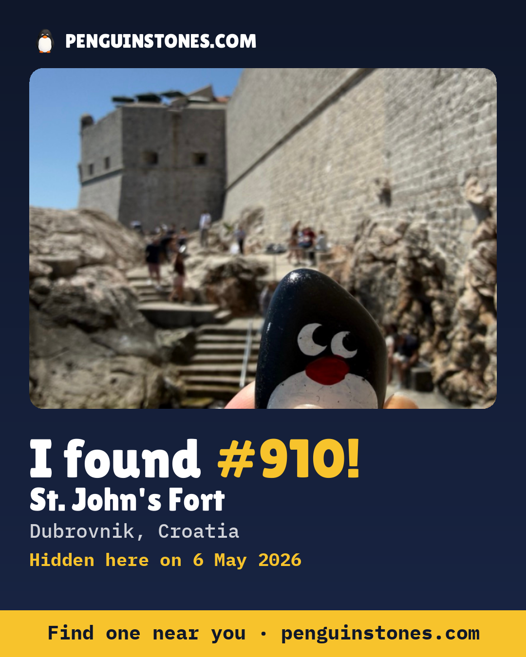 Obrázok s nápisom „I found #910“: fotka kameňa, kde je a ako ďaleko docestoval
